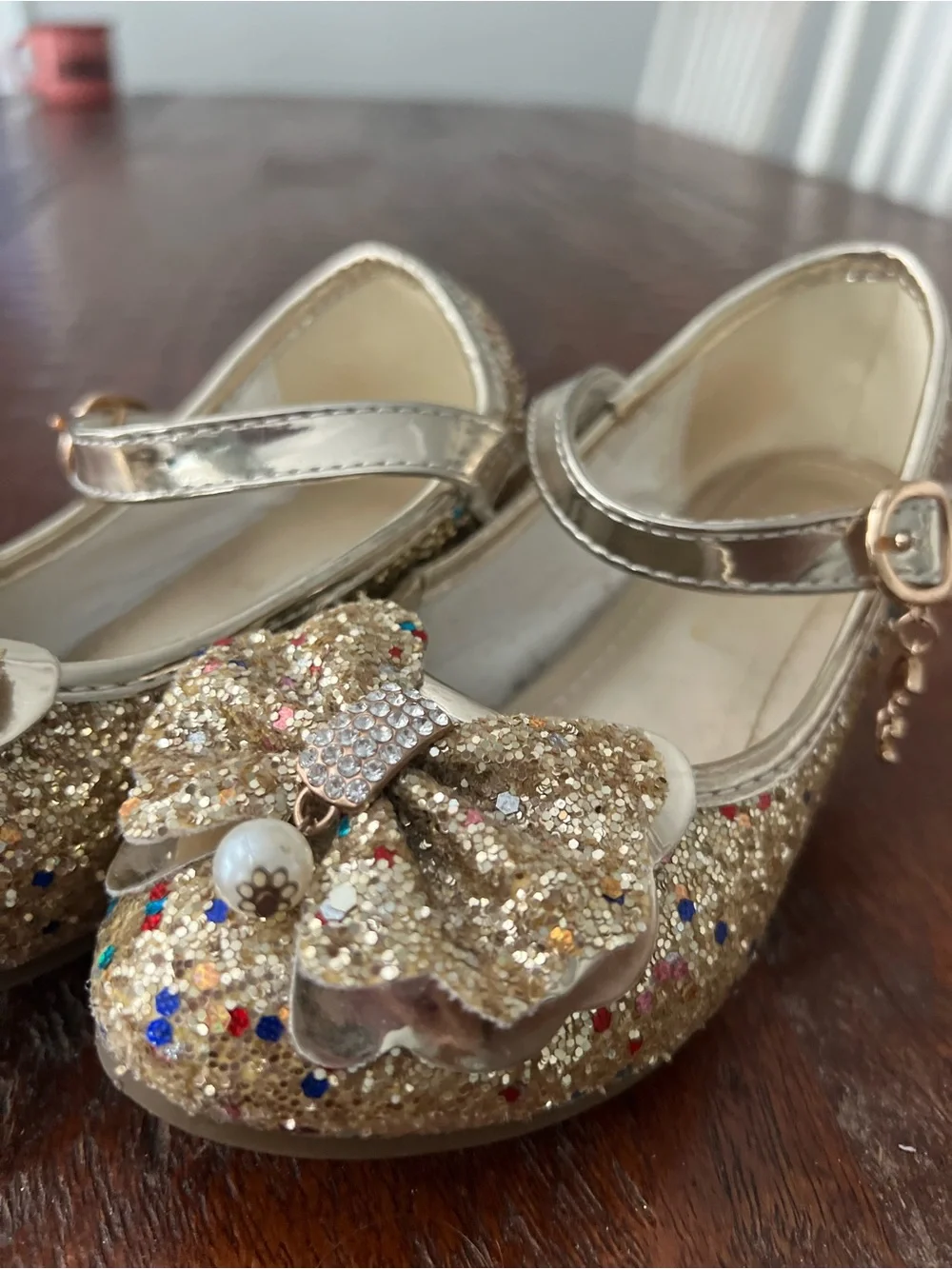 Kids Glitter Bow Mary Jane Shoes in Gold Size 13